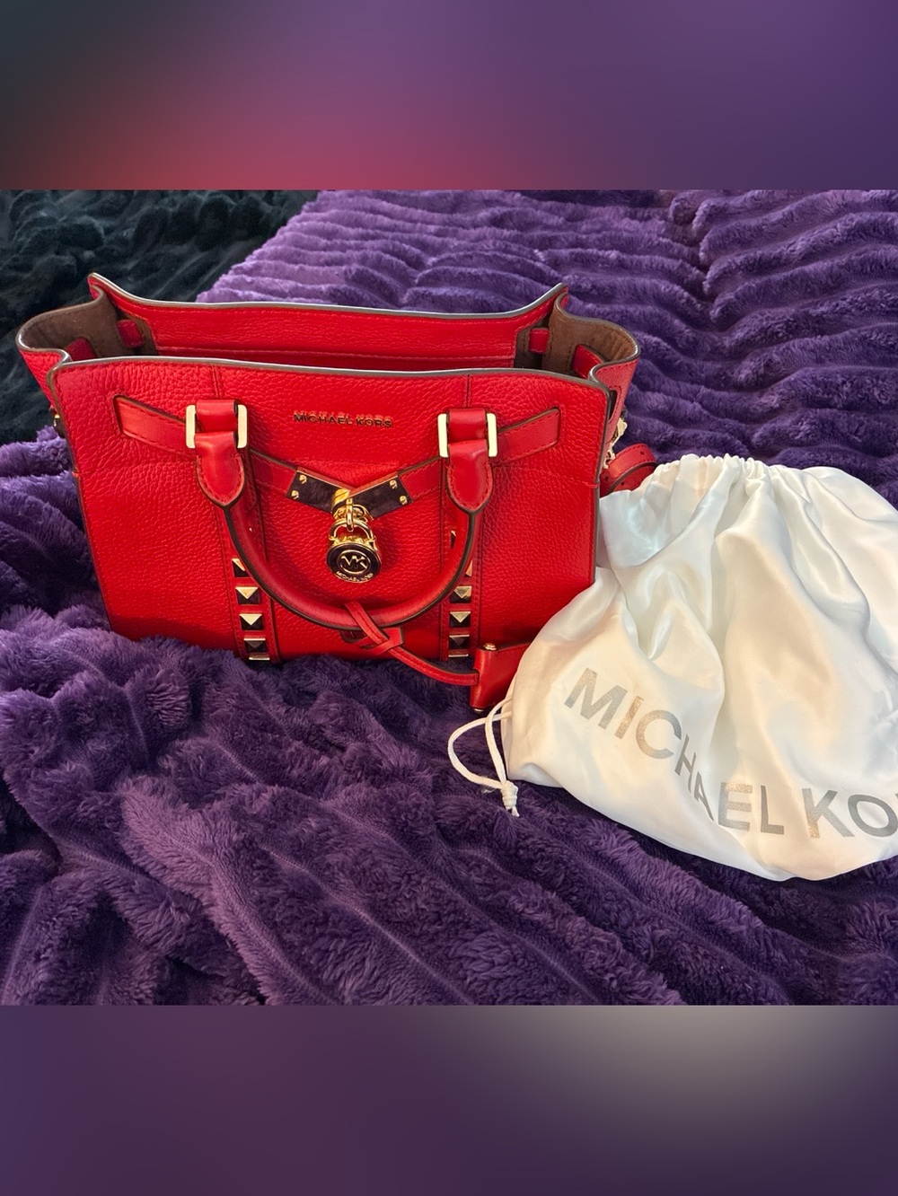 Michael Kors Red Pebbled Leather Studded Satchel with Gold Hardware